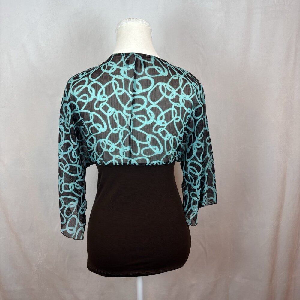 VTG Y2K Carrie Allen Women's Brown Blue Sheer BabyDoll Blouse Sz‎ Large Metallic - Picture 5 of 12
